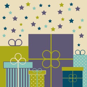 llustration graphique de cadeaux empilés avec des motifs variés et des étoiles en arrière-plan, représentant l'esprit festif des idées cadeaux pour enfants.